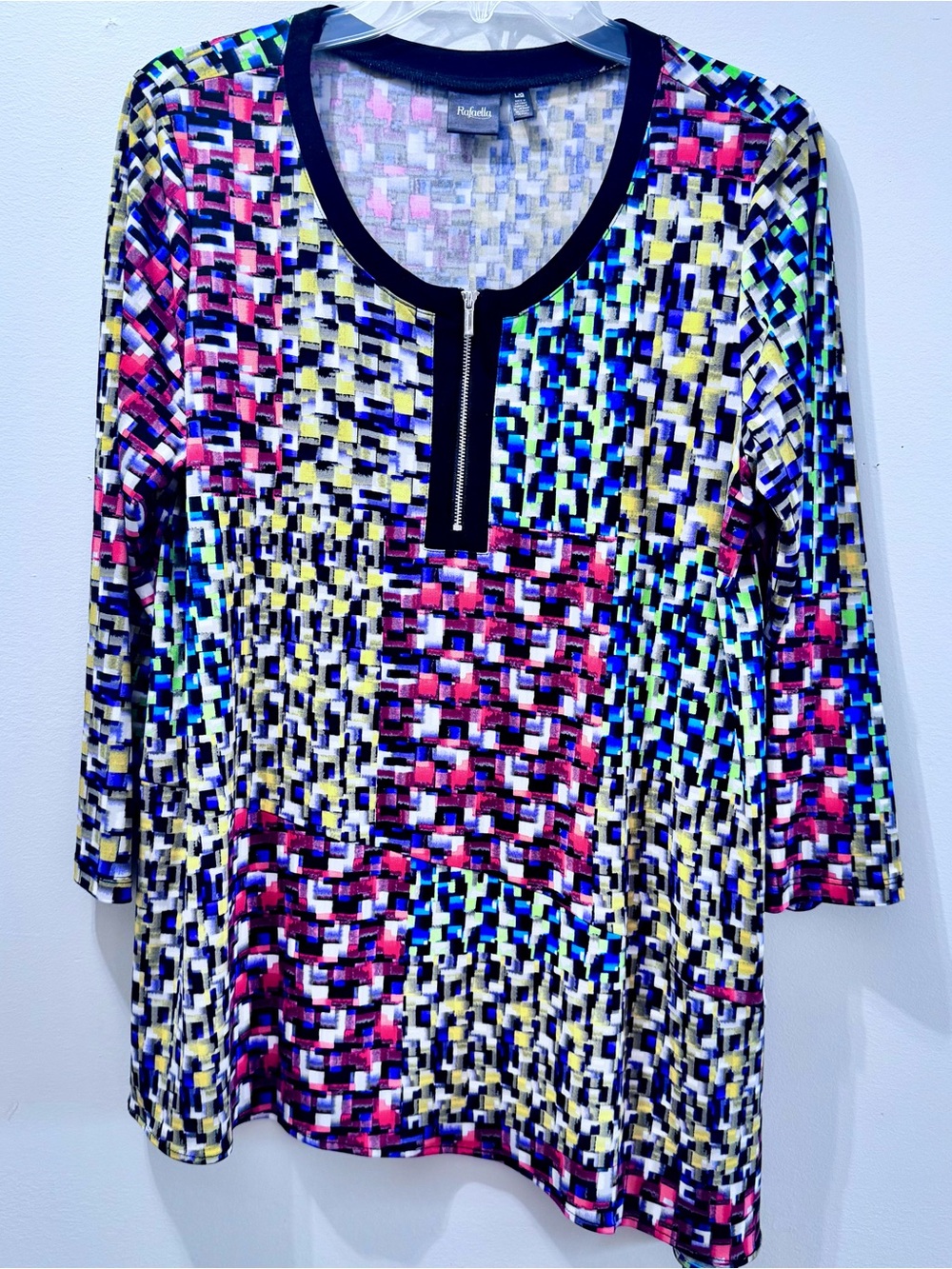 Rafaella Colorblock Geo Print Zip-Neck Tunic - Multicolor. Size L
